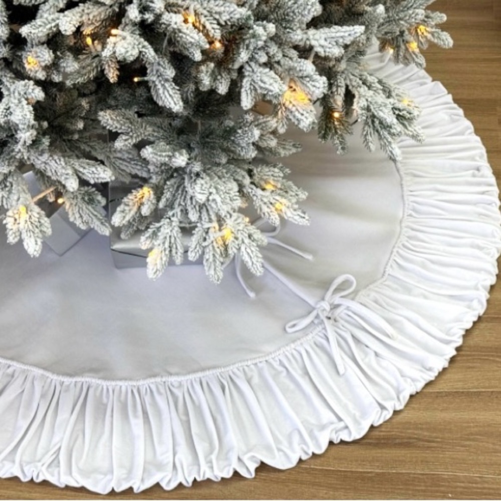 72” Ruffled Velvet Christmas Tree Skirt, Ivory White